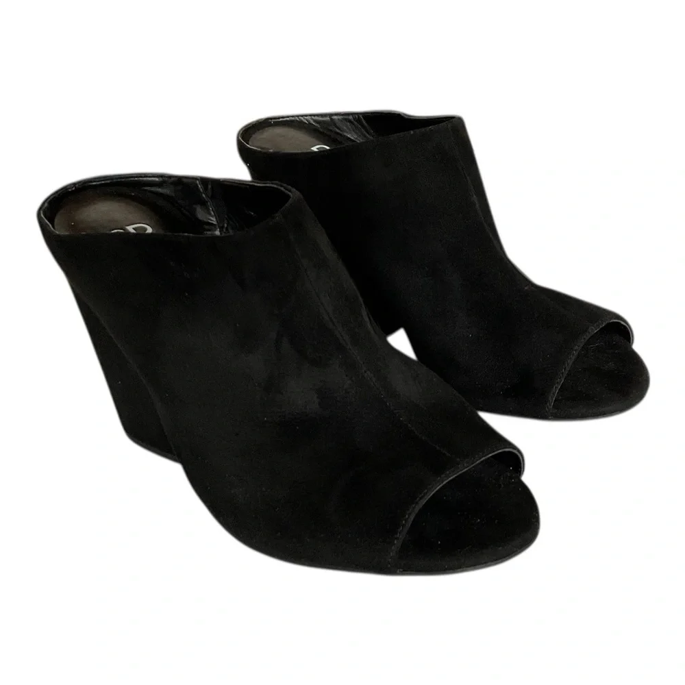 BP Nordstrom Black Peep Toe Mule Heels Size 9 M Slip On Block Heel Minimal - Picture 3 of 8